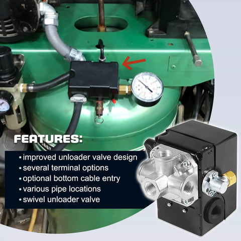 Pressure Switch With Unloader And On Off Lever 135 To 175 PSI installed on air compressor