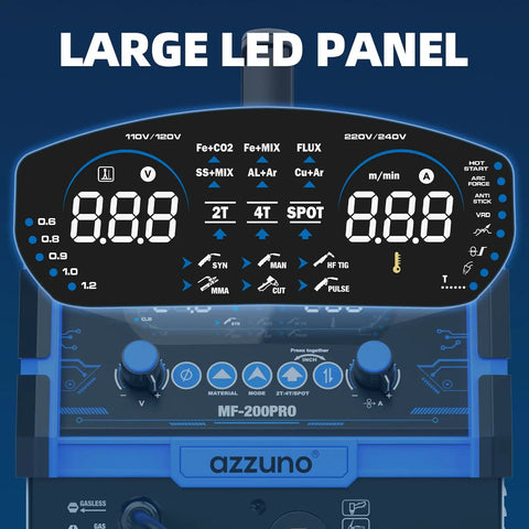 LED display of 8-In-1 Plasma Cutter Welder Combo 200A Dual Voltage 110 To 220V Workhorse for aluminum welding