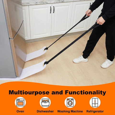 Person using Two Pack Long Appliance Sliders With Pull Straps Furniture Moving Mats 8 By 60 Inches on hardwood floor with fridge.