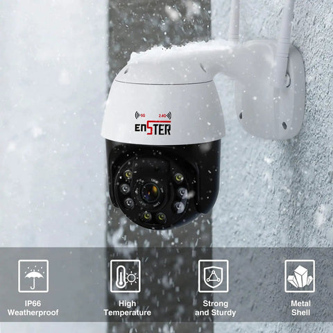 Outdoor 5MP PTZ WiFi Security Camera With Auto Tracking And Floodlight Color Night Vision mounted on wall in snow