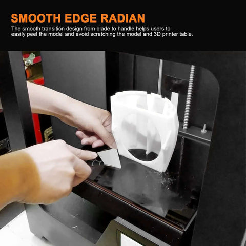 Upgraded Stainless Steel 3D Printer Removal Spatula With Comfortable Grip in use on 3D print model for easy stripping and safe cleanup
