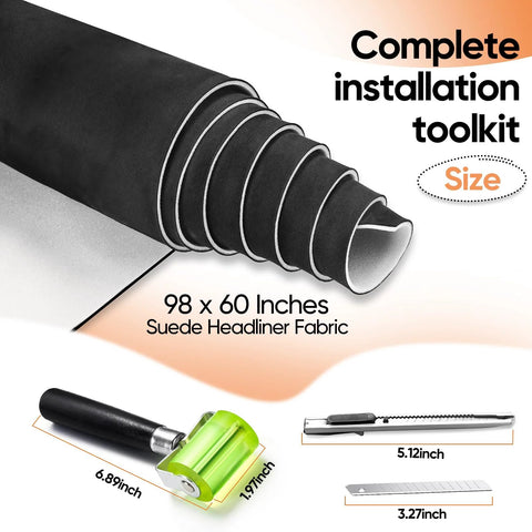 Dapuri suede headliner fabric black, 98 x 60 in, 4mm foam-backed for auto interior repair; rolled with toolkit