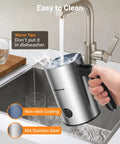 4 In 1 Electric Milk Frother For Barista Grade Foam And Milk Warmer With Temperature Control Makes Cold Foam Or Warm Foam And Hot Milk For Lattes, Cappuccinos, Macchiatos shown under kitchen faucet.
