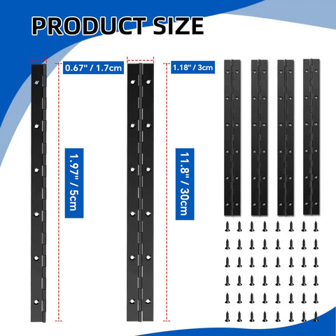 4 Pack 12 Inch Continuous Piano Hinges Heavy Duty Rust Resistant 304 Stainless Steel with size measurements and mounting screws.