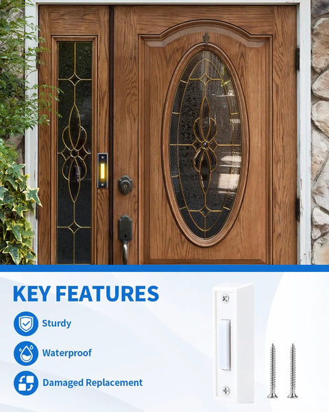 Lit LED Doorbell Button Push Button, Wired Replacement with Wall Mount, shown installed on wooden front door
