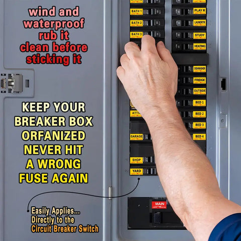 Person installing 129 Waterproof Fuse Box Labels For Electrical Panels on yellow circuit breaker labels, clear and durable.