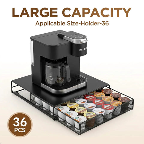 K-Cup Drawer Organizer For 36 Pods, Slim Black Under-Counter Coffee Pod Storage with Keurig on top, sliding drawer open