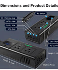 Portable 200W Car Power Inverter Dc 12 Volt To 110 Volt Ac Converter Compatible With 16 Volt Trucks Rigs And Teslas Plug And Play To Juice Up Any Device Sweet Ride, showing dimensions and ports.