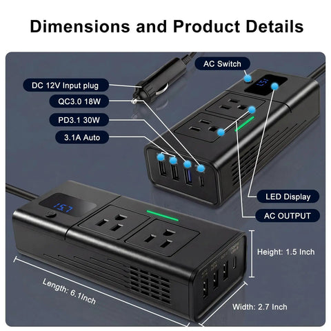 Portable 200W Car Power Inverter Dc 12 Volt To 110 Volt Ac Converter Compatible With 16 Volt Trucks Rigs And Teslas Plug And Play To Juice Up Any Device Sweet Ride, showing dimensions and ports.