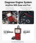 Pro OBD2 Scanner Code Reader With Battery Tester For Quick Engine Light Diagnostics in use with vehicle engine display.