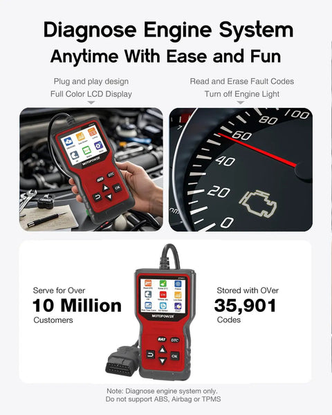 Pro OBD2 Scanner Code Reader With Battery Tester For Quick Engine Light Diagnostics in use with vehicle engine display.
