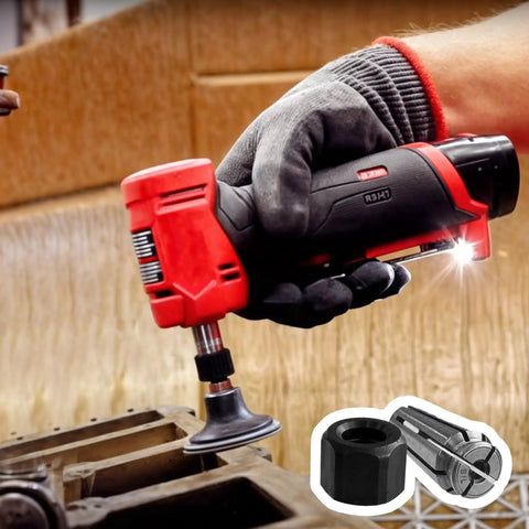 Image of a power drill in use with One Eighth Inch Collet And Nut Assembly Replacement Part For OEM 2485 20 2486 20.