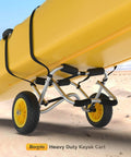 Go-To Universal Kayak Carrier Trolley showing anodized aluminum frame, solid airless tires, and kayak support straps on beach