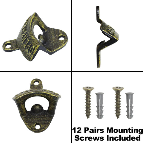 Retro Metal Wall Mounted Bottle Cap Opener Set Packs Twelve Heavy Duty Pull Tabs That Kick Ass At Opening Crown Caps Keeping Your Garage Or Basement Bar Super Chill, showing antique bronze opener and mounting screws.