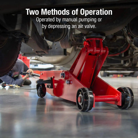 Grease Monkey Approved Heavy Duty Air Hydraulic Floor Jack 10 Ton Lift With Dual Manual And Pneumatic Pumping Heavy Gauge Steel Build Three Position Handle Lock And Rust Resistant Coating For Quick Shop Roll Out Efficiency