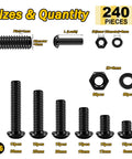 M6 Hardware Kit 240 Pieces Built Tough Alloy Steel Nuts Bolts With Button Head Socket Cap Bolts Flat Washers And Hex Wrenches Fully Threaded 10.9 Grade Black Finish Includes 8 12 16 20 25 30mm Lengths, showing bolts and nuts sizes and quantities.