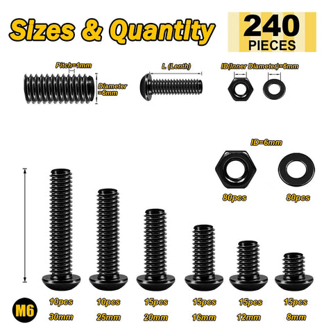 M6 Hardware Kit 240 Pieces Built Tough Alloy Steel Nuts Bolts With Button Head Socket Cap Bolts Flat Washers And Hex Wrenches Fully Threaded 10.9 Grade Black Finish Includes 8 12 16 20 25 30mm Lengths, showing bolts and nuts sizes and quantities.