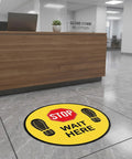 Five Pack Stop Here Floor Signs 18 Inch Round Vinyl Anti Slip High Visibility Stickers For Quick Queue Control And Social Distancing In Busy Places No Fuss at reception desk