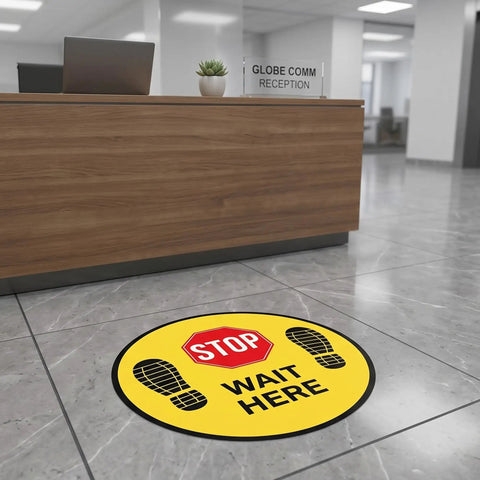 Five Pack Stop Here Floor Signs 18 Inch Round Vinyl Anti Slip High Visibility Stickers For Quick Queue Control And Social Distancing In Busy Places No Fuss at reception desk