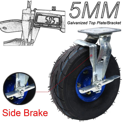 Heavy Duty Rubber Swivel Caster Wheels With Grip Lock Brakes Ultra Slick Trolley Casters with galvanized top plate and side brake.
