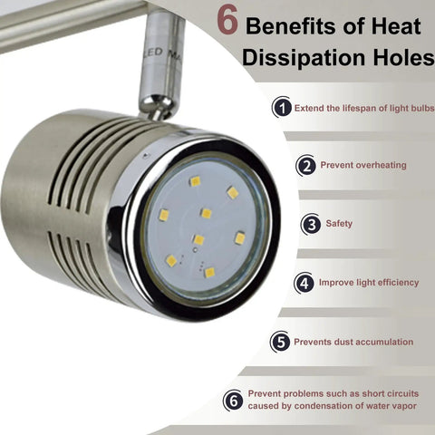 All In One LED Track Lighting Kit With 4 GU10 Bulbs Included showing heat dissipation features