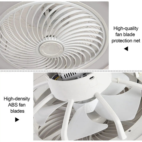 Close-up of white fan blades and protection net on low profile ceiling fan with light and remote control, modern flush mount smart fan.