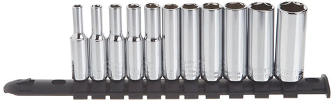 SAE Socket Set For One Quarter Inch Drive, 6 Point Deep Sockets, 11 Piece Chrome Finish, Corrosion Resistant on holder