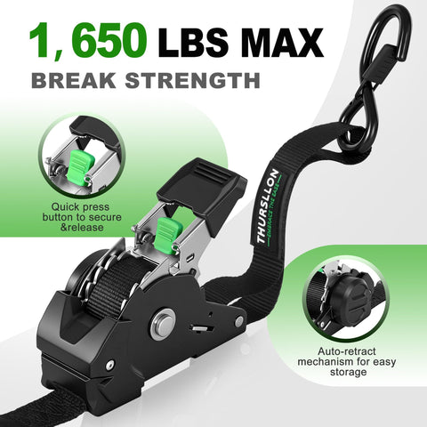 Retractable Ratchet Straps 4 Pack 1 Inch By 10 Feet Self Retracting Go-To Tie Down Straps 1650 Lb Break Strength For Truck Trailer Motorcycle ATV UTV Cargo Black showing detail of auto-retract function and quick release button