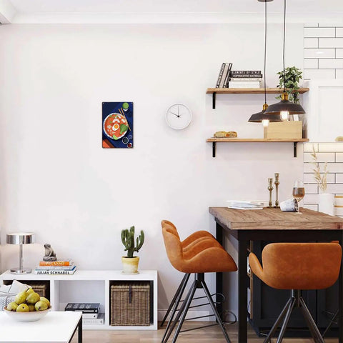 Ramen Bowl Tin Sign Metal Wall Art 8x12 Inch Vintage Style Poster displayed in a modern kitchen setting with decor.