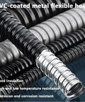 Rock Solid Flexible Metal Conduit With Kickass Flexibility And Protective Coated Steel Hose For Heavy Duty Electrical Wire Protection Smooth Corrugated Tubing Indoor Outdoor with silver and black hoses showing insulation features.