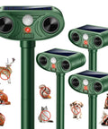 Solar Ultrasonic Animal Repellent Outdoor Motion Sensor Deterrent For Yard Garden Lawn Four Pack Keeps Deer Squirrels Cats Raccoons Rabbits And Dogs Away With PIR Sensor, four green solar posts