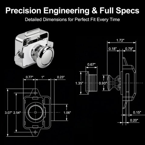 Diagram of Push Button Cabinet Door Lock 5 Pack For Boats RVs Yachts Campers And Caravans Marine Drawer Latches dimensions