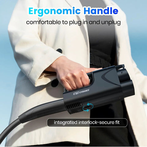 Hand holding a Nacs To Ccs1 Adapter With Secure Interlock For Tesla Superchargers featuring an ergonomic handle for easy use.