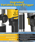 Close-up of Electric Cordless Grease Gun With 10000 PSI High Pressure 39 Inch Hose Variable Speed Trigger Works With DeWalt 20V Batteries