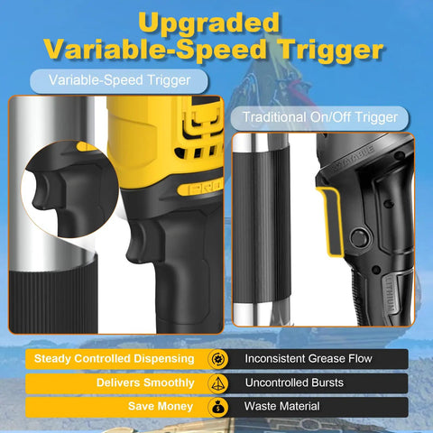 Close-up of Electric Cordless Grease Gun With 10000 PSI High Pressure 39 Inch Hose Variable Speed Trigger Works With DeWalt 20V Batteries