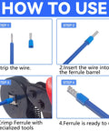 Pro Grade 600 Piece Wire Ferrule Terminal Kit with 7 Sizes and 7 Colors AWG 22 to 10 installation steps and tools shown