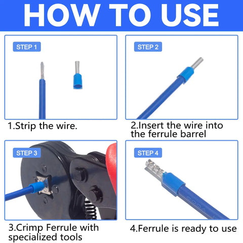 Pro Grade 600 Piece Wire Ferrule Terminal Kit with 7 Sizes and 7 Colors AWG 22 to 10 installation steps and tools shown