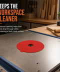 Half Inch Router Table Insert For Ryobi Bt Series Saw featuring a red reducer ring on a metal surface for clean woodworking.