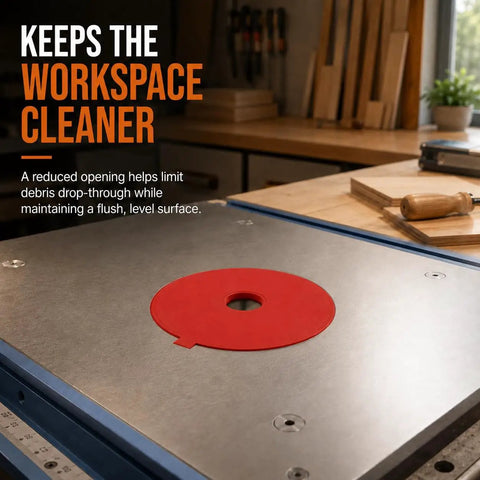 Half Inch Router Table Insert For Ryobi Bt Series Saw featuring a red reducer ring on a metal surface for clean woodworking.