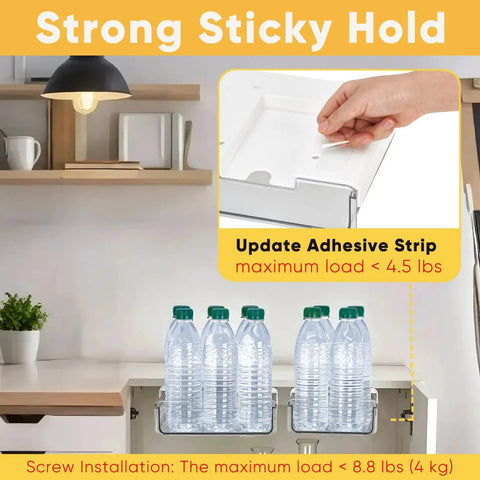 Super Sleek 2 Pack Under Desk Pull Out Storage Drawers Clear Acrylic Drawer Slides With Heavy Duty Self Adhesive Mount and No Sweat Setup For Home Office Counters with water bottles visible.