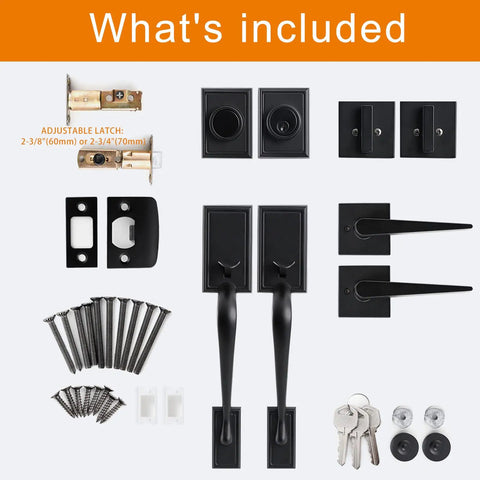 Matte Black Front Door Handle Set For Double Doors With Dummy And Lever Built To Last Tough As Nails Lock Set Single Cylinder Deadbolt Reversible For Right Or Left Handed Doors components laid out