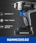 20V Cordless Impact Driver Kit With One Quarter Inch Hex Chuck, 1590 Inch Pounds Torque, LED Work Light, Metal Gearbox