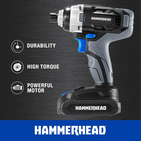 20V Cordless Impact Driver Kit With One Quarter Inch Hex Chuck, 1590 Inch Pounds Torque, LED Work Light, Metal Gearbox