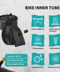 Two Pack 26 By 1 And Three Eighths Inch Folding Bike Tires With Inner Tubes And Tire Levers For Vintage Urban Bicycles Schrader Valve ETRTO 37 590 Mm Replacement Set Classic Retro Look Ready To Roll image showing rolled bike inner tubes with Schrader valves and feature icons.