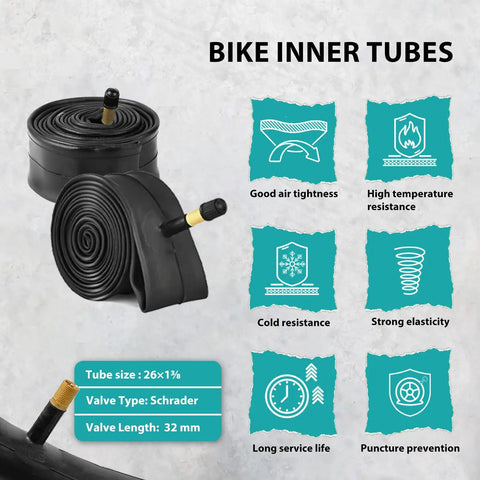 Two Pack 26 By 1 And Three Eighths Inch Folding Bike Tires With Inner Tubes And Tire Levers For Vintage Urban Bicycles Schrader Valve ETRTO 37 590 Mm Replacement Set Classic Retro Look Ready To Roll image showing rolled bike inner tubes with Schrader valves and feature icons.