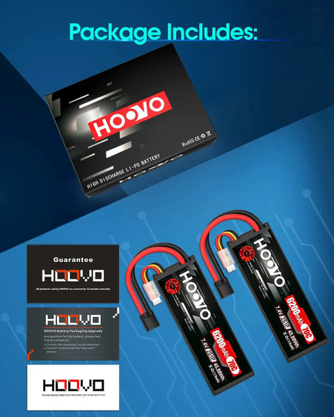 Package includes two Beefy 7.4V 70C 6200mAh 2S LiPo Battery Hard Case With Traxxas Plug and warranty card.