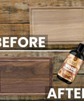 Before and after of a wooden cutting board treated with Straight Up Coconut Mct Wood Finishing Oil in an 8 oz bottle.