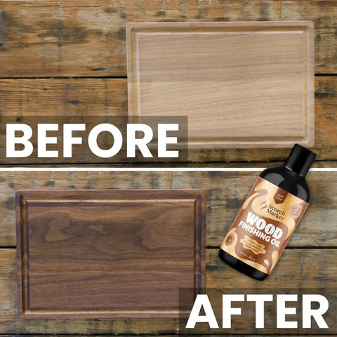 Before and after of a wooden cutting board treated with Straight Up Coconut Mct Wood Finishing Oil in an 8 oz bottle.