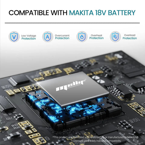 Circuit board detail showing compatibility with Makita 18V Battery, highlighting low voltage and overcurrent protection features.