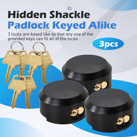 Three Pack Puck Locks for Trailers Keyed Alike 2-7/8 Inch Hidden Shackle Padlocks Heavy Duty Solid Steel Locks With Six Keys for Vans